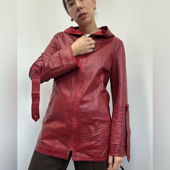 Kircilar Reversible Red Plaid Leather Coat Hooded Lightweight Size S - Picture 4 of 14
